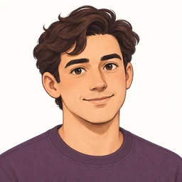 Alex wearing a muted purple sweatshirt
